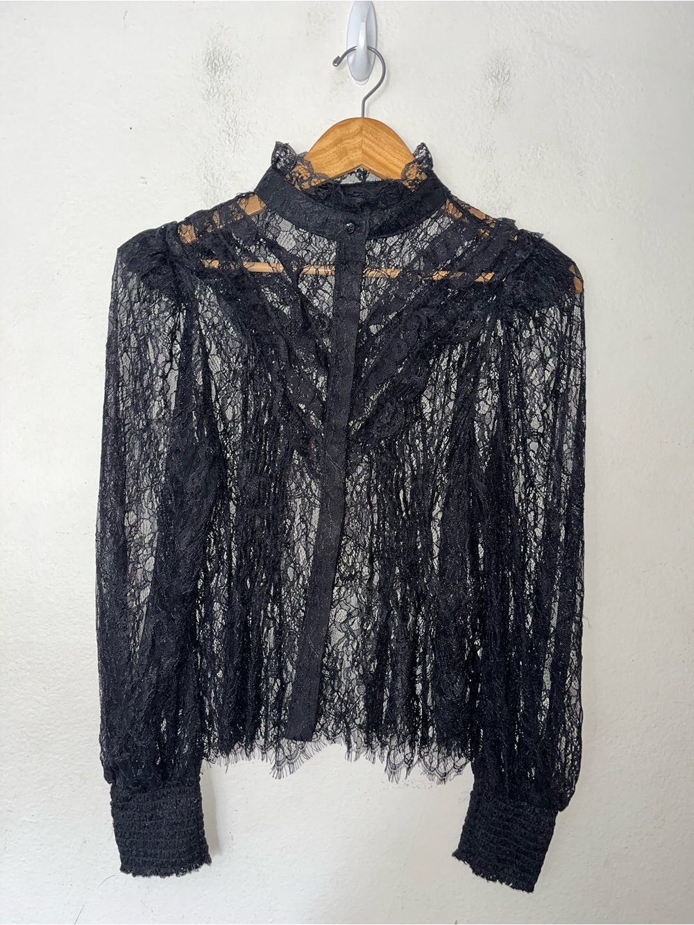Vici Black Lace Ruffle Sheer Blouse Size L Victorian Romantic Goth High Neck